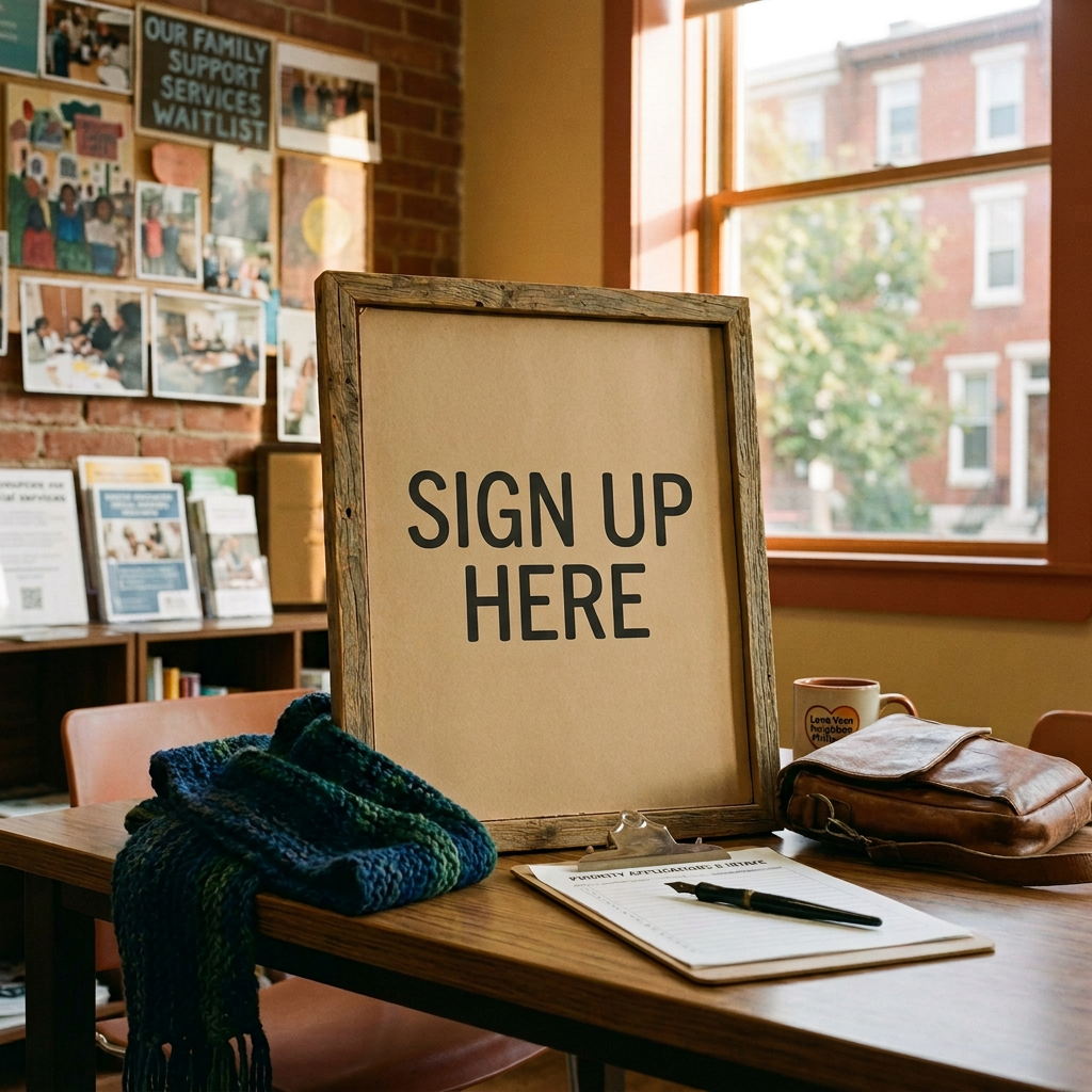 Sign reading “OUR FAMILY SUPPORT SERVICES WAITLIST” and “WE ARE HERE FOR YOU. SIGN IN TO COMMENCE YOUR JOURNEY.”